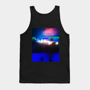 Cyborg Astronaut Gazing and Lit-up City Glitch Art Tank Top